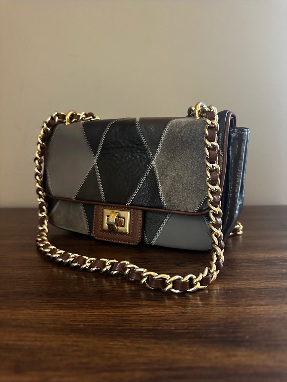 Moschino Cheap & Chic Argyle Leather & Suede Chain Shoulder Bag